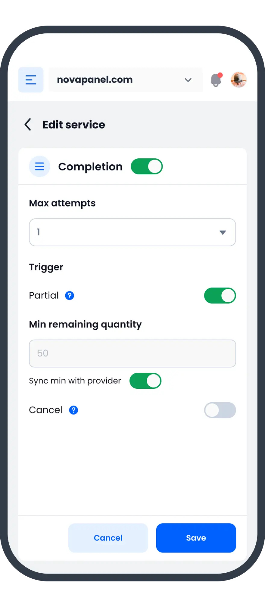 Automated order completion settings