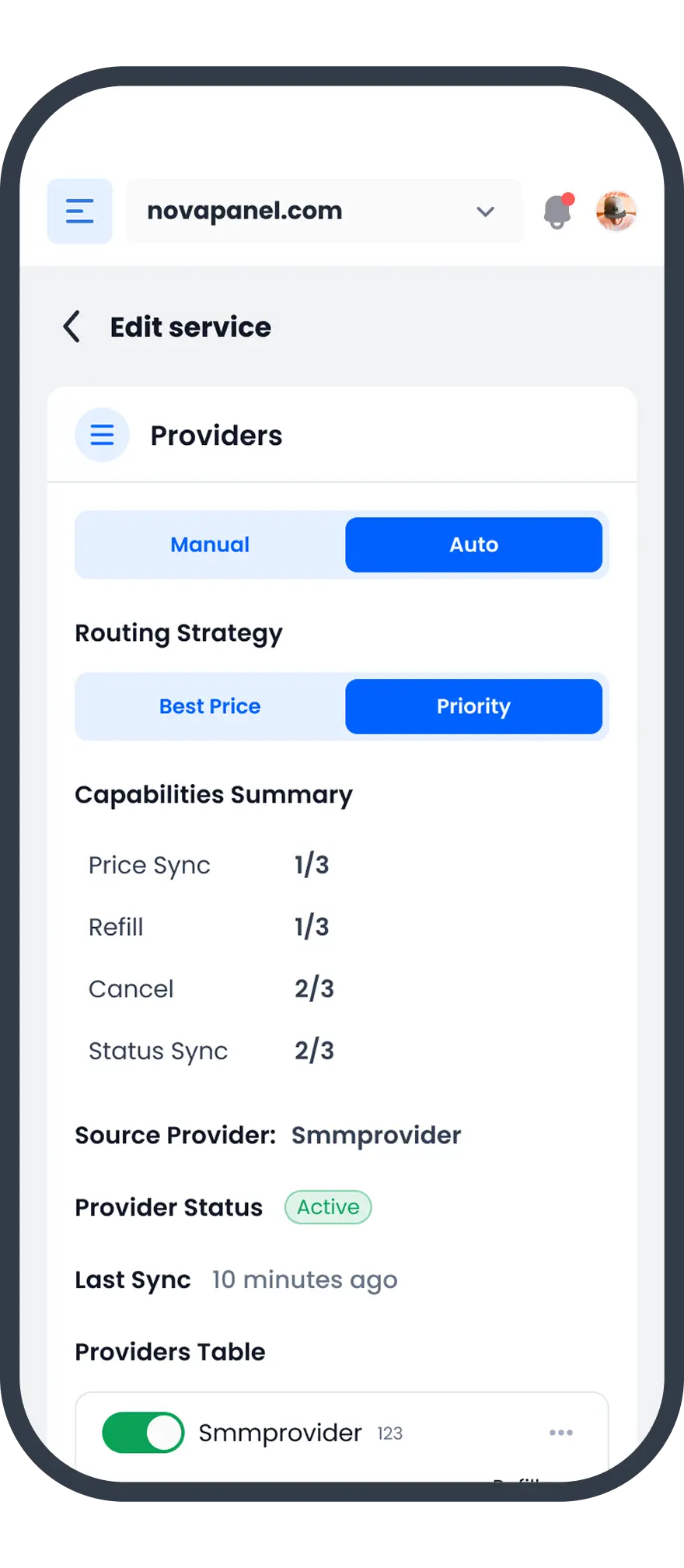 Service provider configuration screen