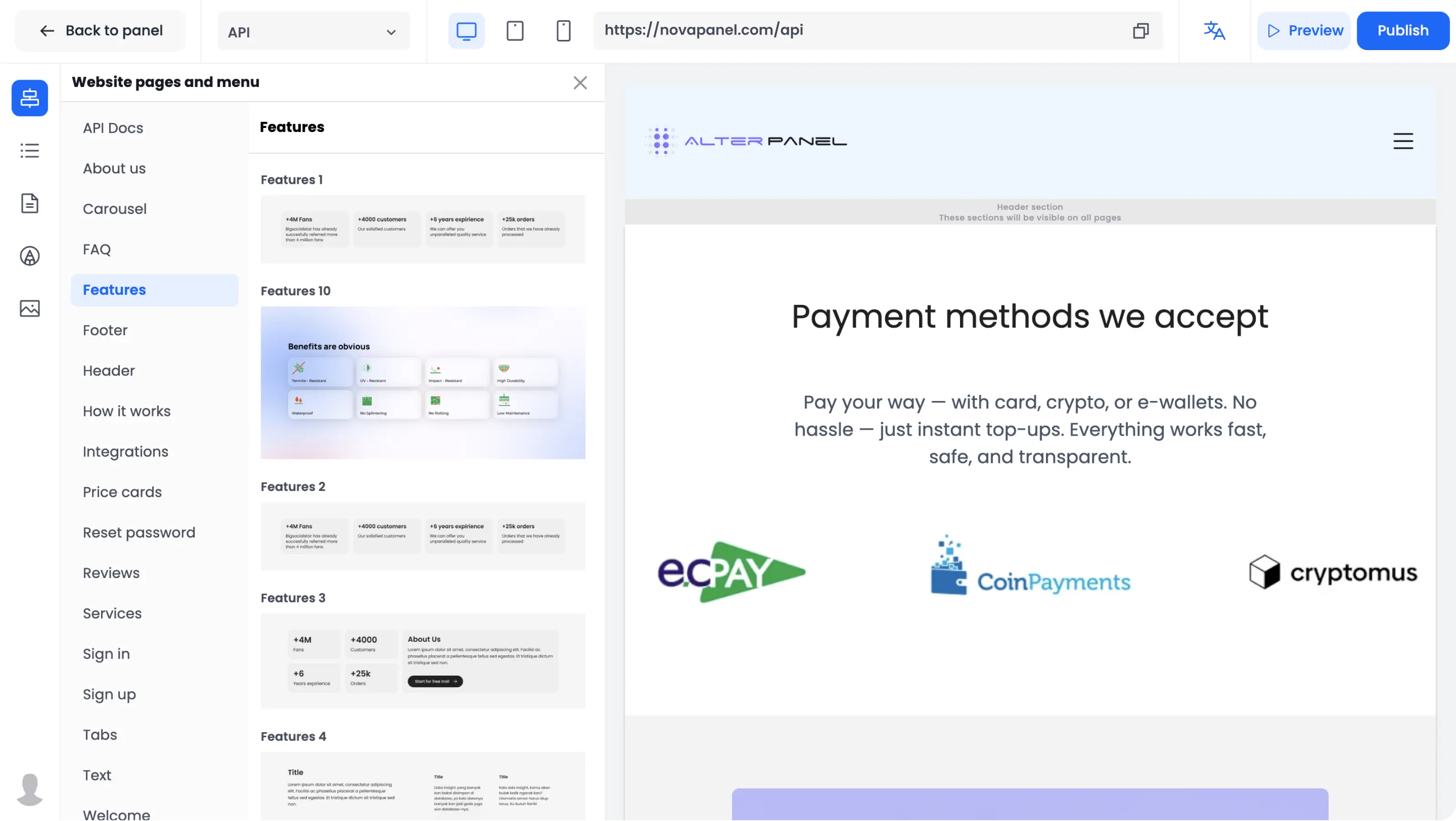 NovaPanel website builder preview