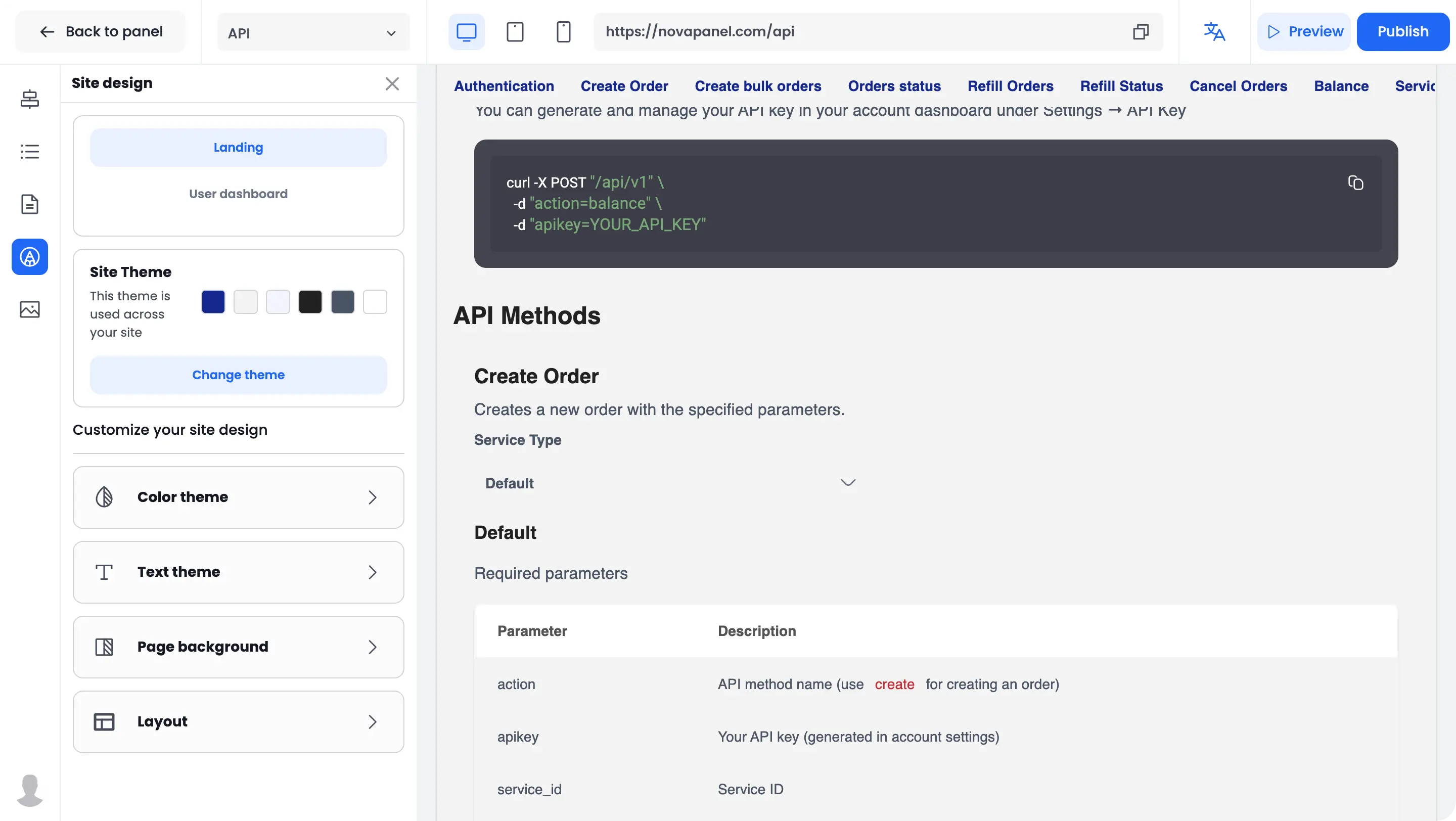 NovaPanel website design editor