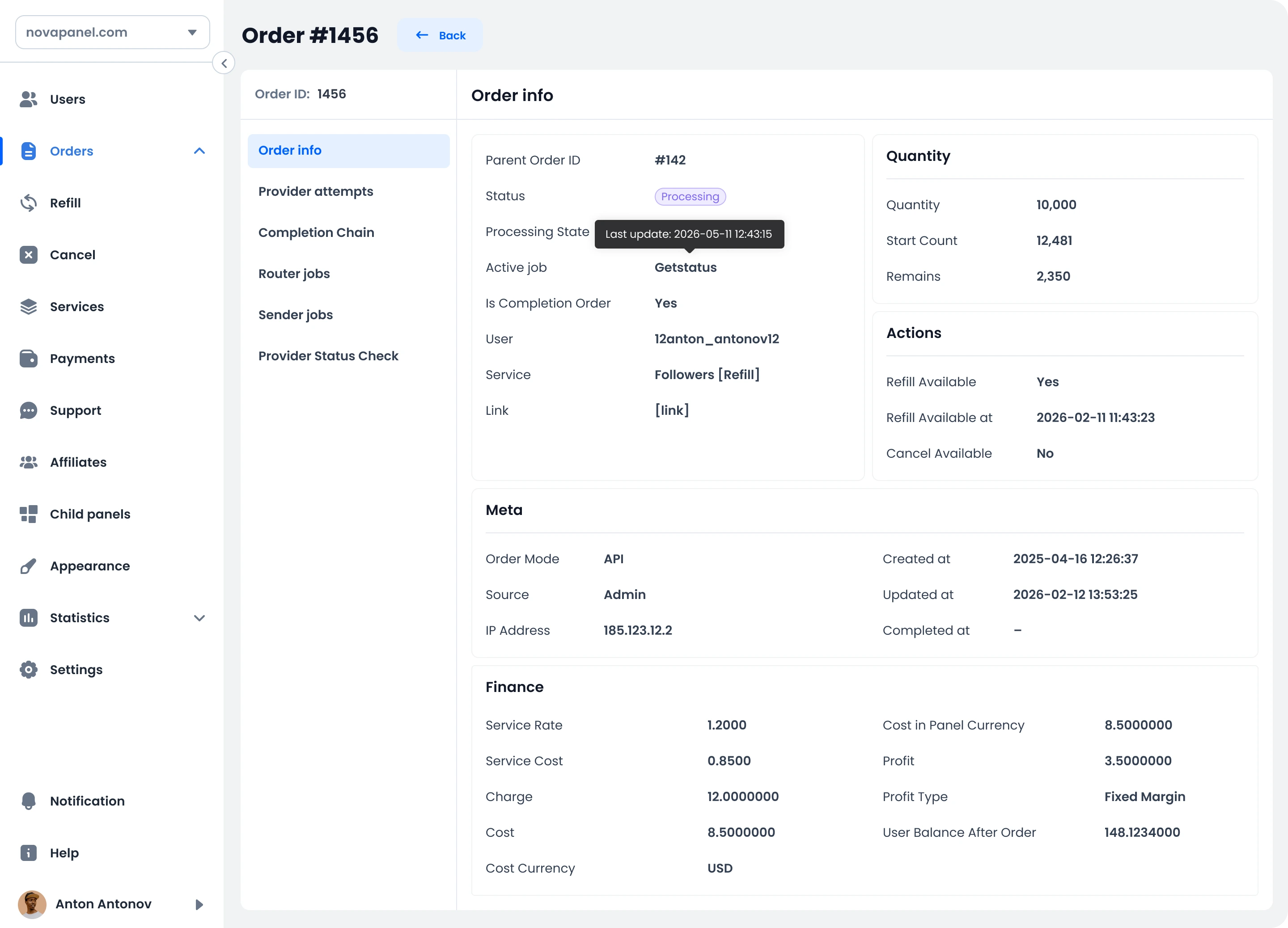 Order details dashboard