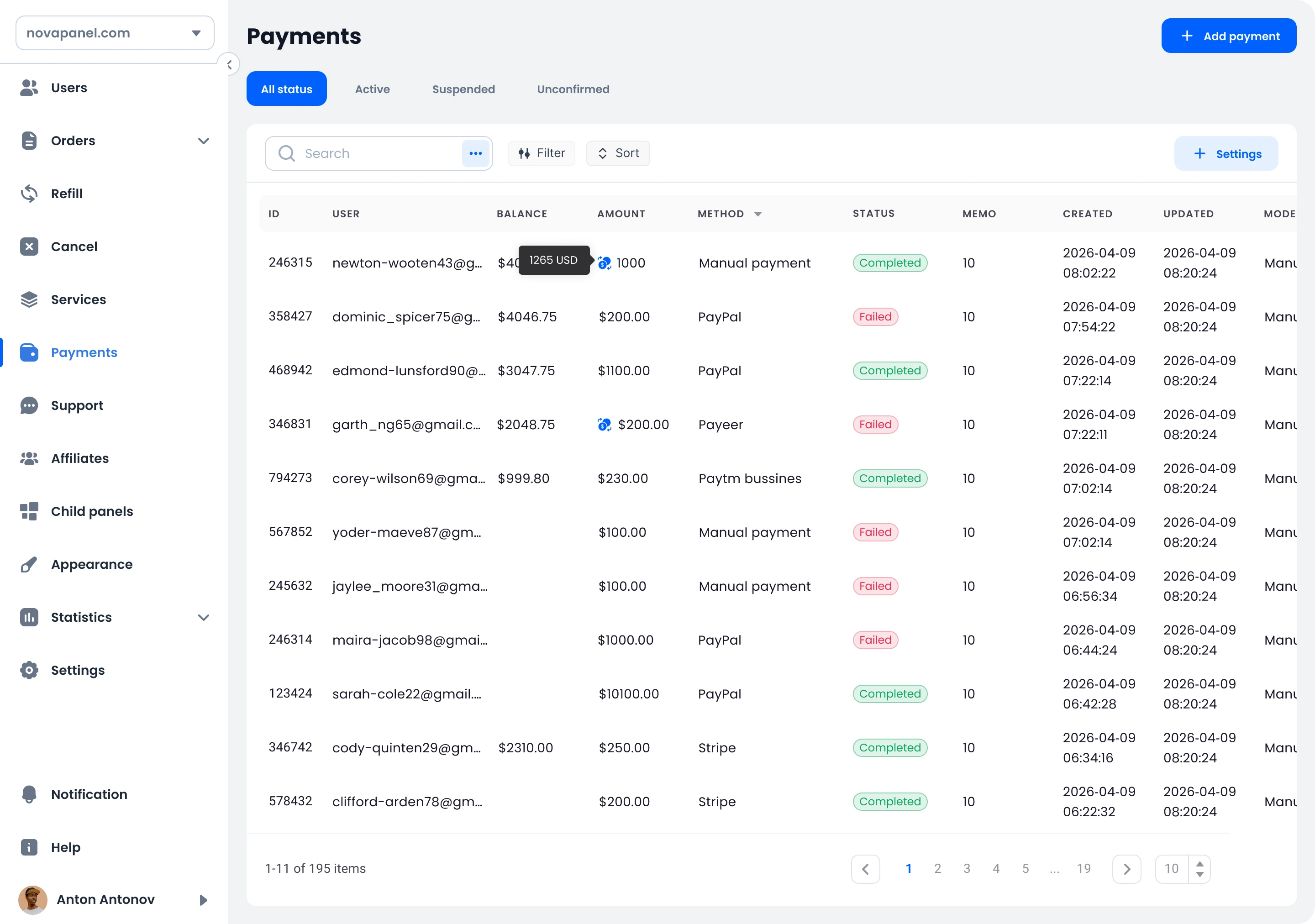 Payments dashboard