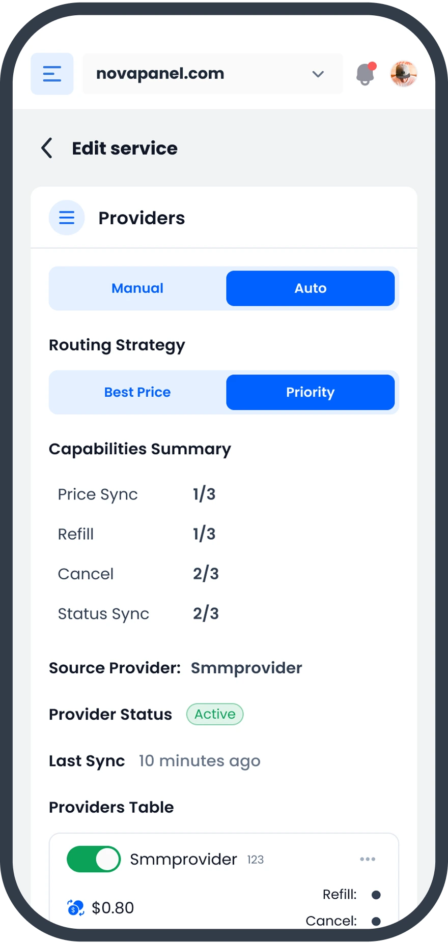 Service editing screen on mobile