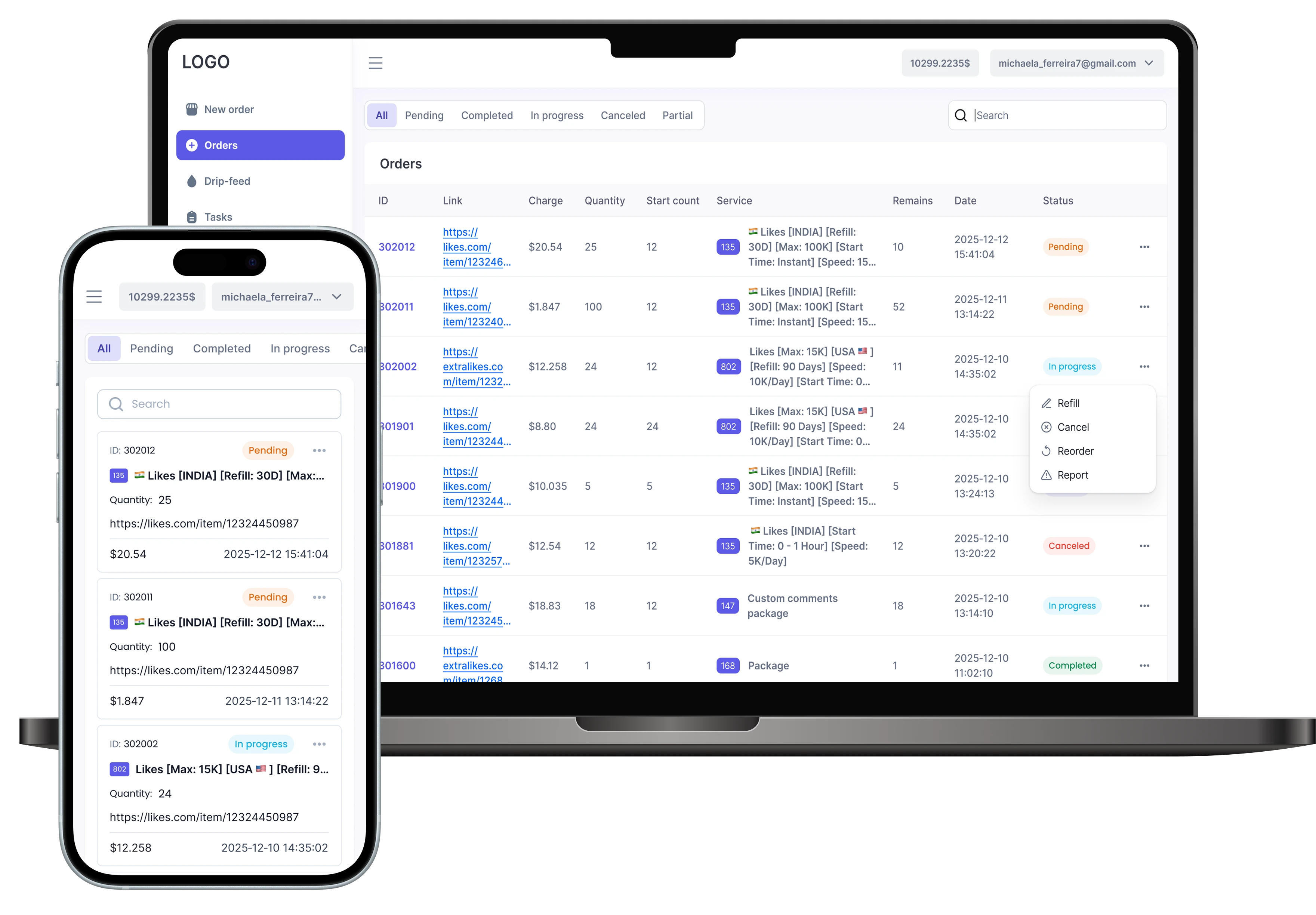 NovaPanel user dashboard on multiple devices