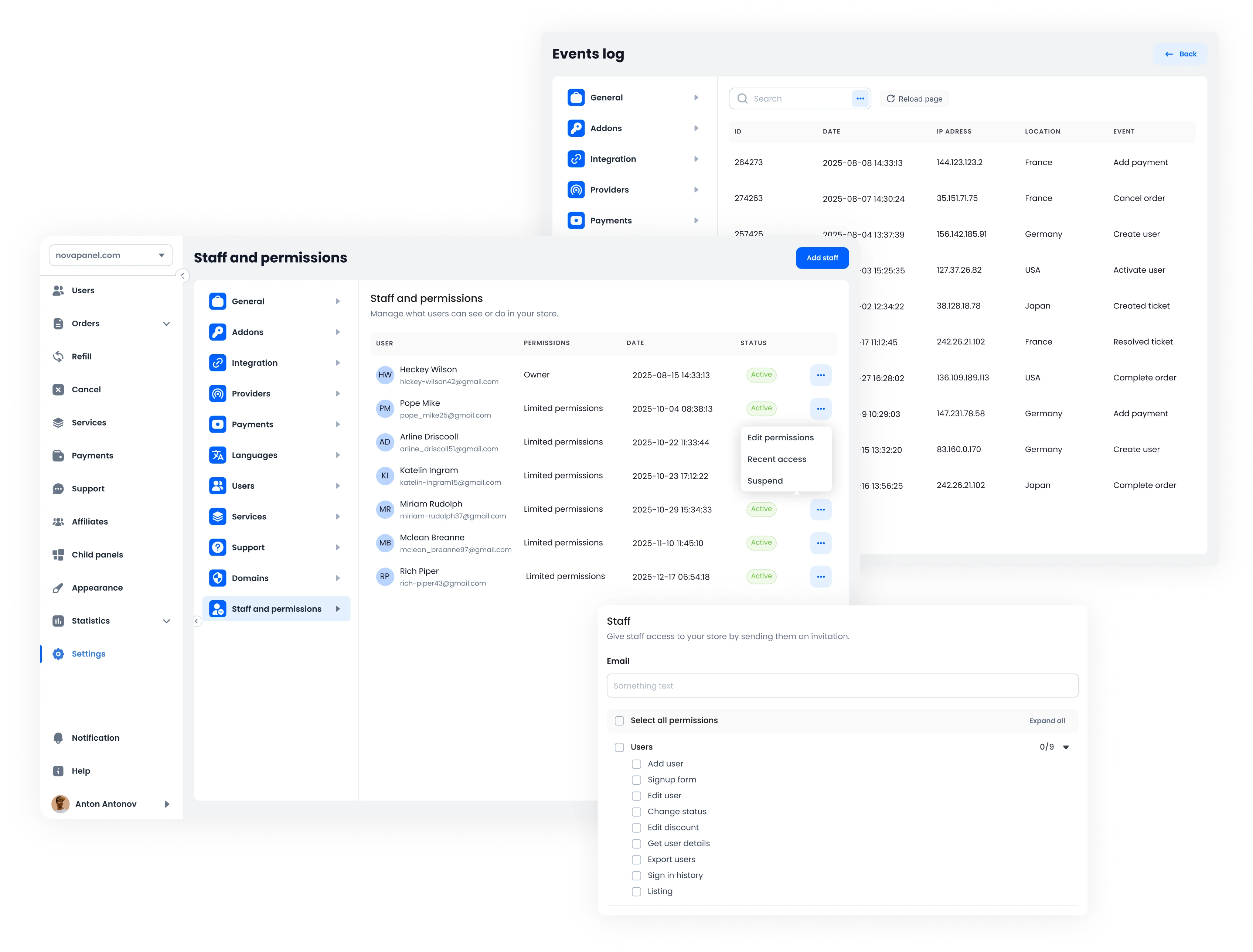 NovaPanel team permissions and audit log