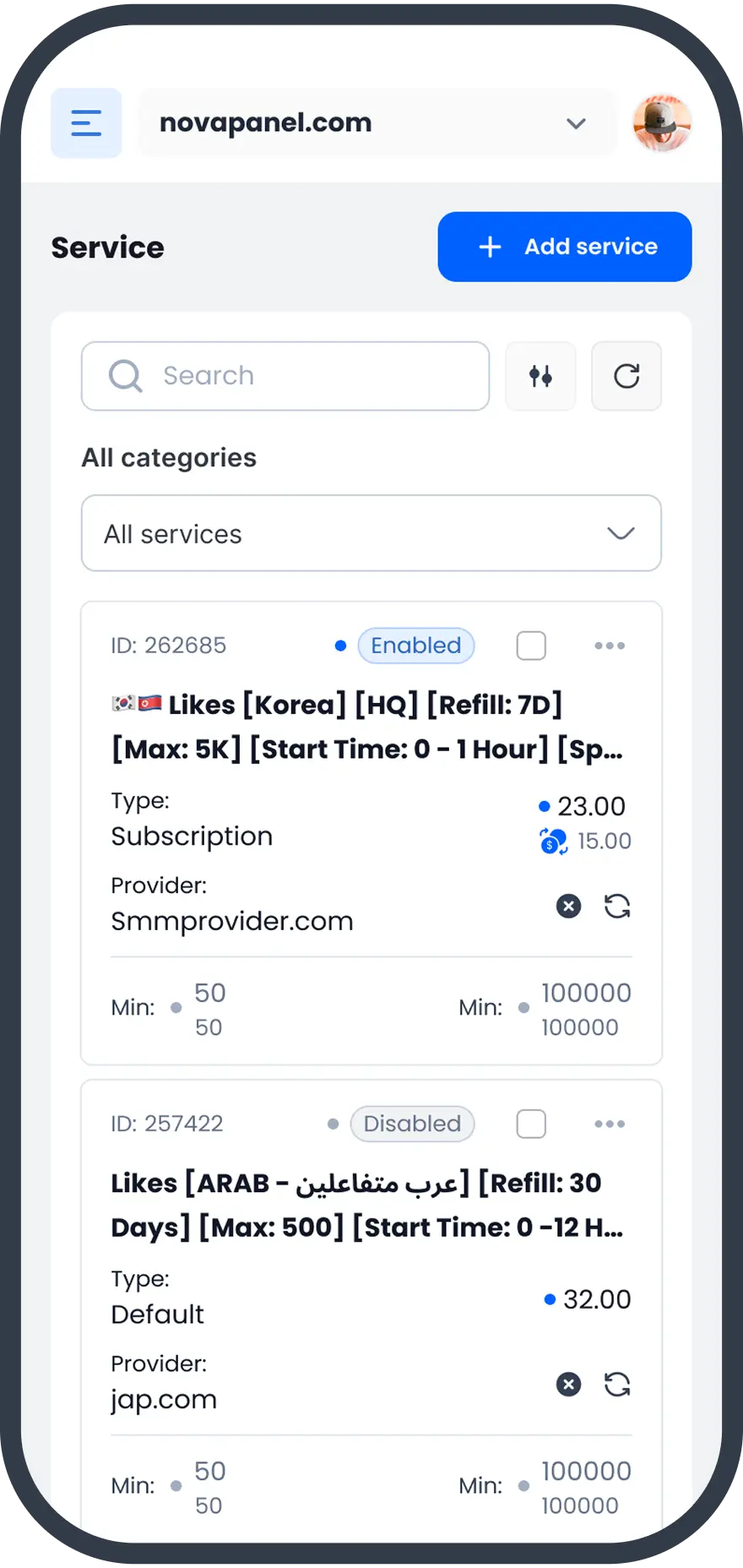Services screen on mobile