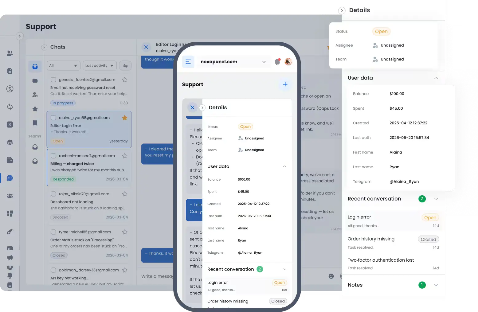 Support ticket with user context and order details