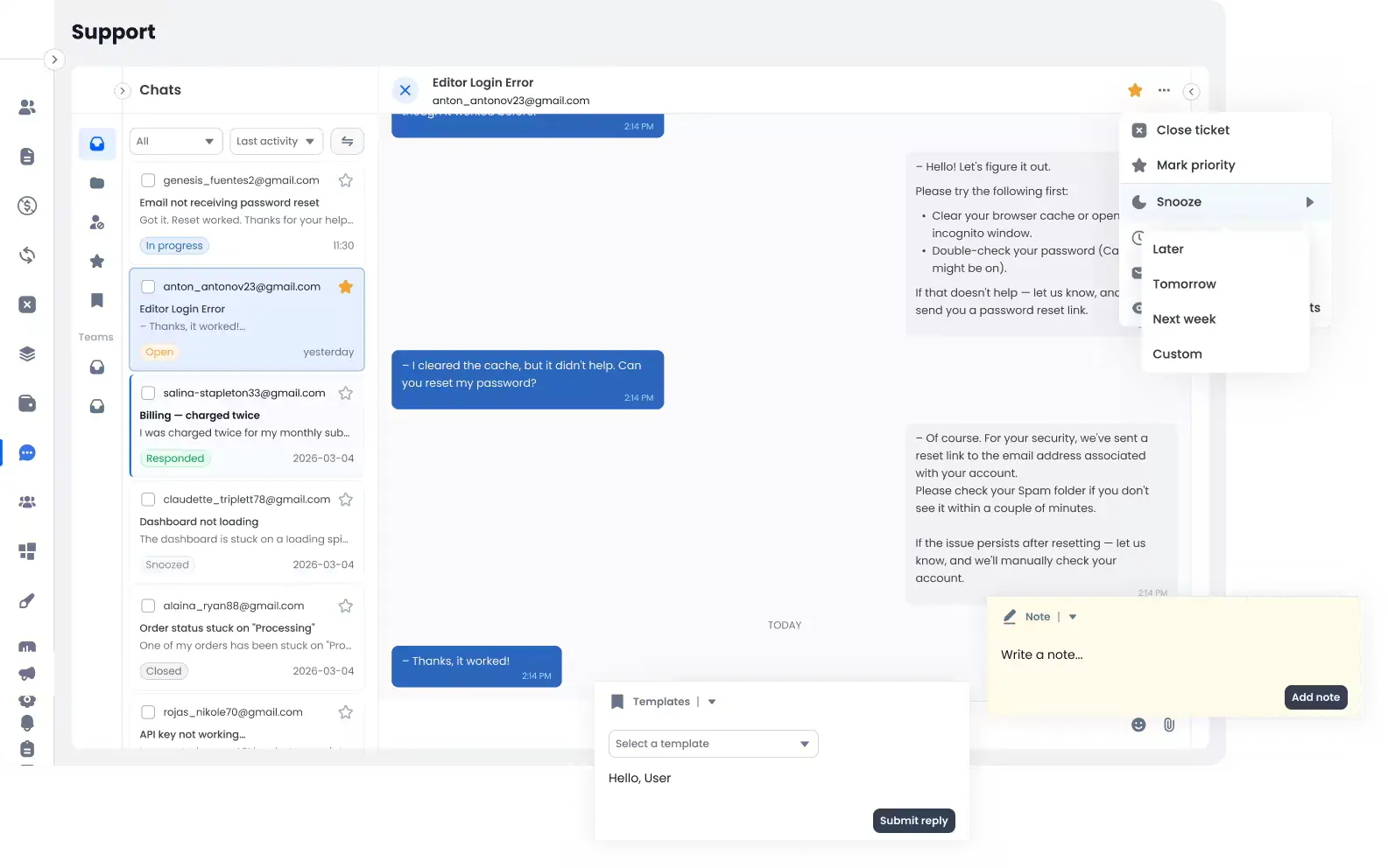 Support inbox with resolved tickets