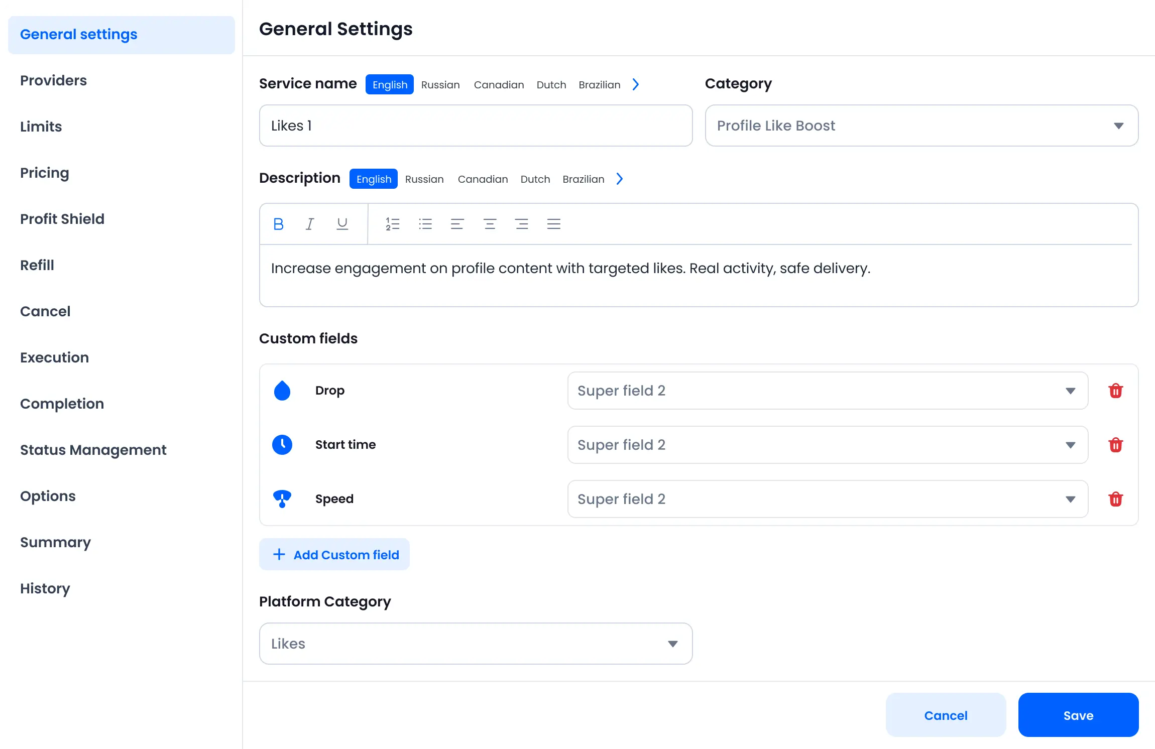 Custom service order parameters