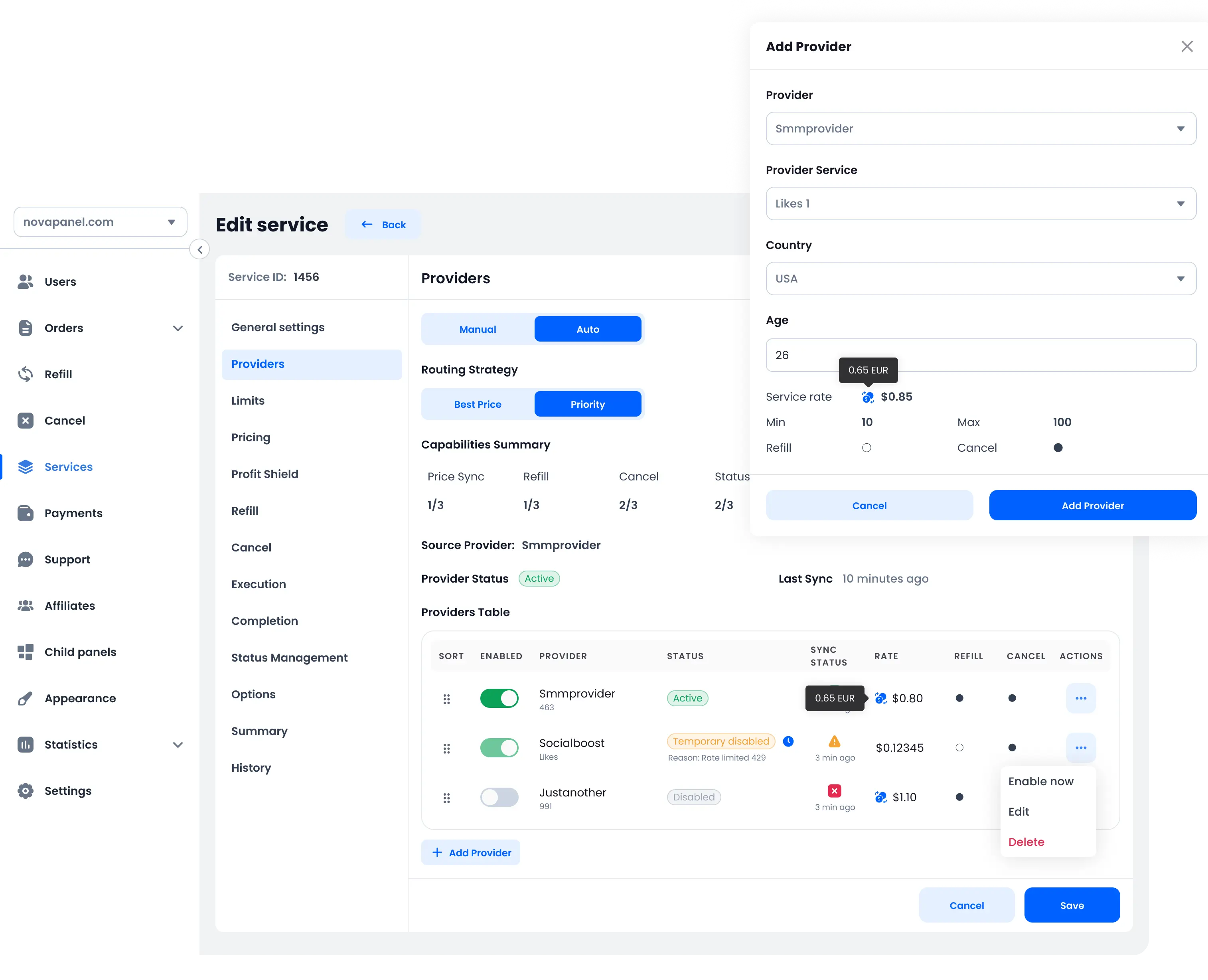 Provider management dashboard